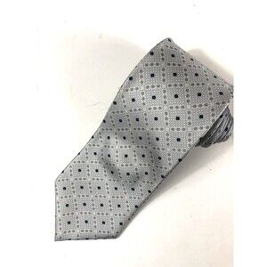 Barton MODA Pure Silk Tie Handmade in Italy Gray Geometric Pattern Navy Blue Dot